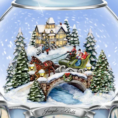 Vista 2 de Thomas Kinkade The Bradford Exchange Bola de nieve musical, con canción navideña Jingle Bells.