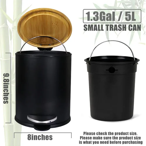 Vista 3 de SIDIANBAN Bote de basura pequeño para baño con tapa de bambú, 1.3 galones/5 litros, negro, hierro