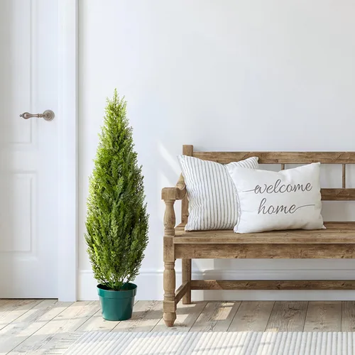 Vista 2 de Pino Thuja de plástico National Tree con maceta de plástico redonda, verde oscuro