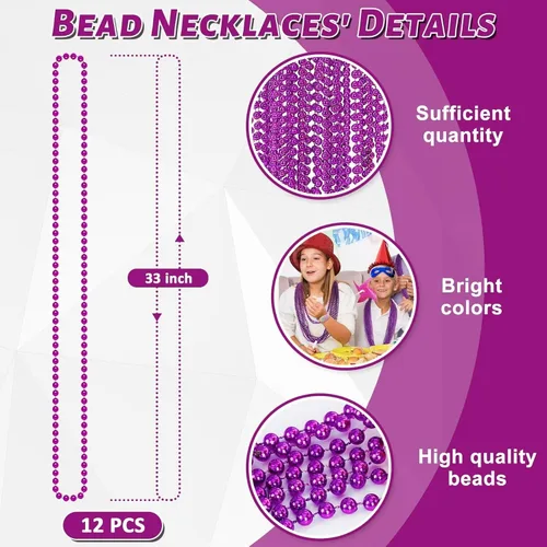 Vista 2 de EOBOH Marid Gras Beads, 12PCS Bead Necklace Party Favors, Metallic 33" Beaded Necklaces Women Men Stuff, Festival Parade Throw Accessories for Mardi
