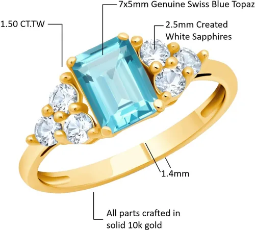 Vista 3 de MAX + STONE 10k Yellow or White Gold Ring for Women with Emerald Cut Gemstone and Created White Sapphire Accents Birthstone Anniversary Ring Size 5