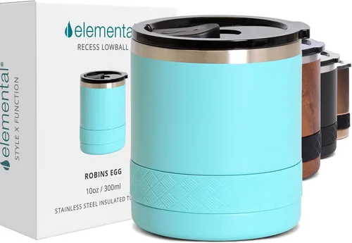 Vista 14 de Elemental Recess Vaso bajo de 10 oz, taza de acero inoxidable de triple pared con tapa de Tritan no fracturable, vaso de whisky aislado, taza