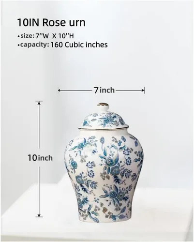 Vista 2 de Urna de rosa azul para cenizas para adultos, de 10 pulgadas, 160 libras, de cerámica, decorativa, conmemorativa, grande, capacidad de 160 pulgadas