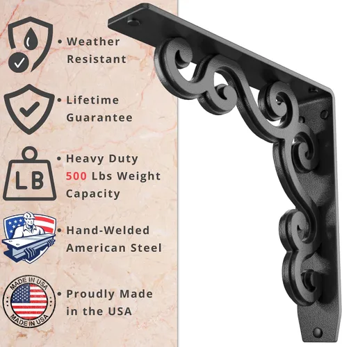 Vista 2 de Soportes de estante de metal Starby resistentes ~ Soportes de corbel de pared de hierro para mostrador, repisa, estantes ~ Hierro forjado negro ~