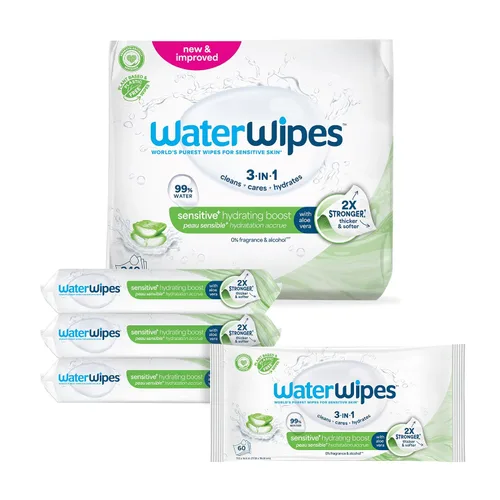 Vista 14 de WaterWipes Toallitas Sensibles+ Impulso Hidratante, 3-En-1 Limpia, Cuida, Hidrata, 99% de Agua con Aloe Vera, Toallitas para Bebé Sin Perfume