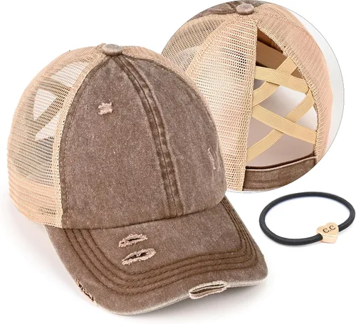 Vista 41 de C.C Gorra de béisbol de malla con diseño de estrella brillante, gorra de camionero ajustable para moño o cola de caballo Una banda elástica-negro