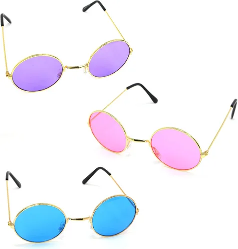 Vista 5 de Skeleteen Gafas de sol redondas hippie tintadas color rosa morado y azul estilo hipster de los años 60 a granel para fiestas 12 pares