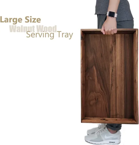 Vista 7 de Bandeja otomana rectangular curvada de madera de nogal negro de 22 x 14 pulgadas con asas, sirve té, café, bandeja decorativa de madera clásica