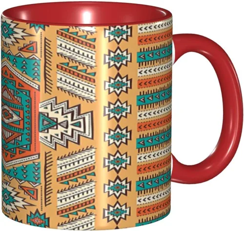 Vista 10 de Taza de café grande de cerámica, taza única tribal, patrón de tribu secreta azteca india, bohemio, 11 onzas, para oficina y hogar, naranja y verde