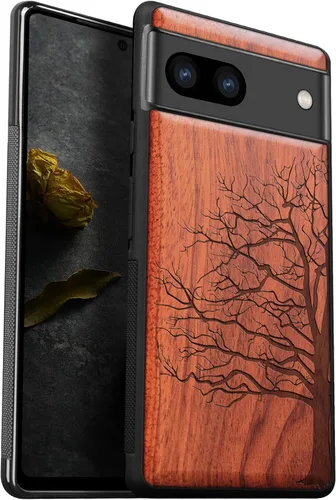 Vista 13 de Carveit Funda de madera para Pixel 7a [madera natural y TPU suave negro] a prueba de golpes, funda protectora de madera única y elegante compatible