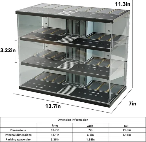 Vista 6 de Vitrina para Hot Wheels 1:64 Toy Car Garage con luces LED Diorama de garaje de 4 niveles para estacionamiento independiente, almacenamiento de polvo
