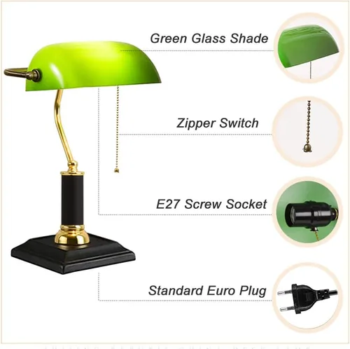 Vista 2 de Lámpara de mesa retro con pantalla de cristal verde ajustable, interruptor de cadena, escritorio, E27, mesita de noche para dormitorio, biblioteca