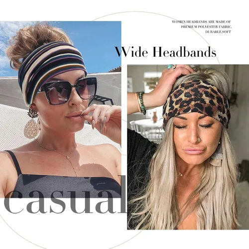 Vista 6 de Olbye Diademas bohemias para mujer, diademas anchas anudadas, bandas elásticas para la cabeza, turbante antideslizante, diadema floral, diadema