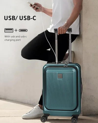 Vista 2 de LUGGEX Equipaje de mano de 20 pulgadas con compartimento de bolsillo, maleta de policarbonato con puerto USB, equipaje de viaje sin complicaciones