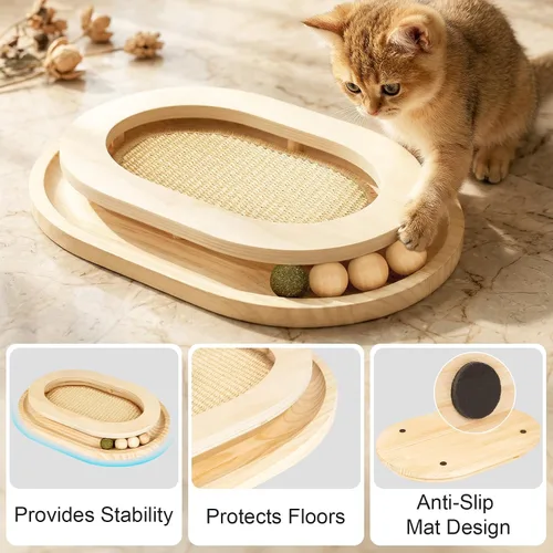 Vista 9 de Rascador para gatos, almohadilla rascador de sisal natural y juguete interactivo para gatitos con pista de bolas y bola de hierba gatera