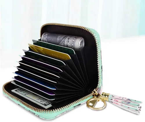 Vista 2 de Coco Rossi Billetera pequeña para tarjetas de crédito RFID con purpurina linda para mujer, C Flores verdes