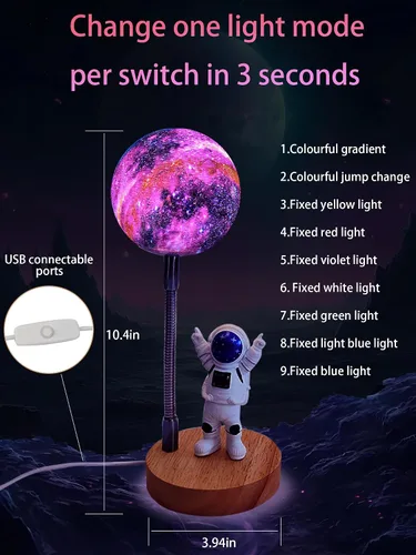 Vista 5 de WLHONG Lámpara de luna para niños, luces Space Buddy con luz nocturna de astronauta de 7 colores, alimentada por USB y control de botón, lámpara