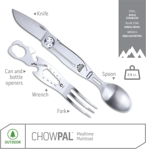 Vista 3 de Outdoor Edge ChowPal - Multiherramienta para comer con cuchillo plegable, tenedor, cuchara, abrebotellas, abrelatas, llave graduada