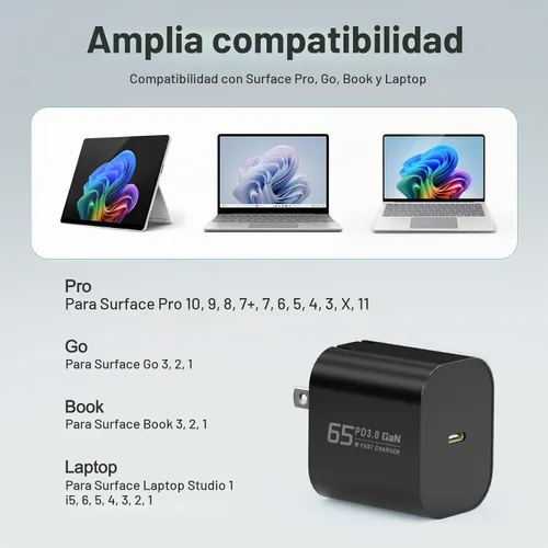 Vista 5 de Cargador USB C Surface Pro de 65 W compatible con Surface Pro 3/4/5/6/7/8/9/10/X/11/12, Surface Book1/2/3, adaptador de corriente compatible