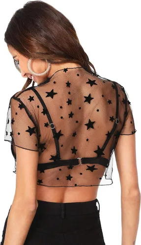 Vista 2 de Floerns Blusa de malla transparente con cuello alto falso y patrón de estrellas para mujer sin brasier