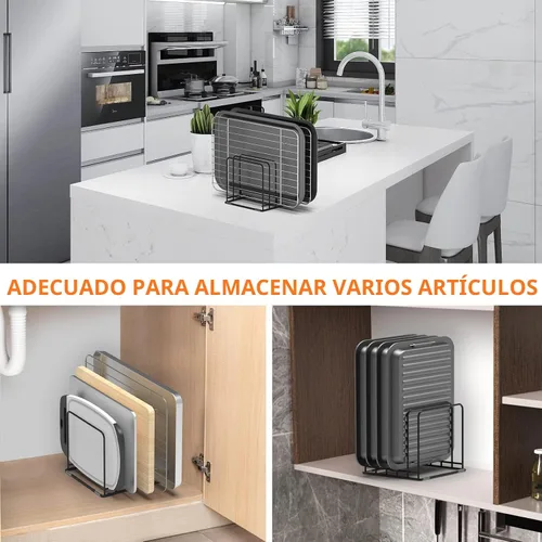 Vista 6 de KORRTFID Organizador de armario de cocina, soporte para utensilios de cocina de acero, soporte dividido con 5 ranuras para sartenes, bandeja