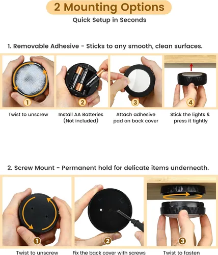 Vista 4 de Luces LED de disco con control remoto, luces inalámbricas de armario que funcionan con pilas, luces debajo del gabinete, luces de empuje, luces que