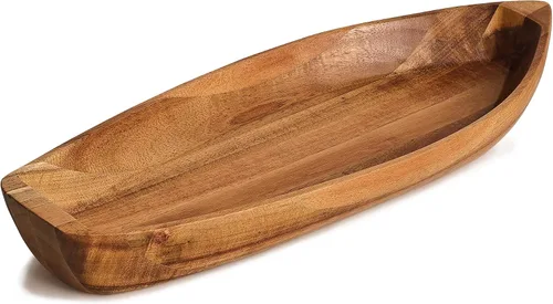 Vista 11 de Bandeja para servir Barco de la Suerte, plato de madera maciza de acacia con forma interesante para servir postres, frutas, aperitivos y ornamento