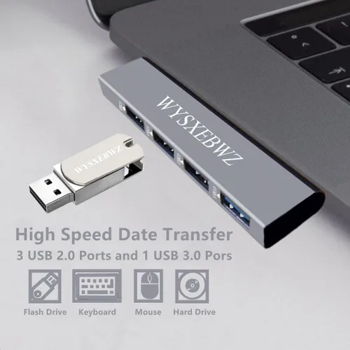 Vista 2 de Hub USB 4 en 1 divisor USB 1 expansor USB 1 * USB 3.0 y 3 * Hub USB 2.0 para computadora portátil, Windows, PC, Mac, impresora, unidad flash