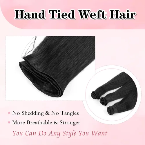Vista 2 de ABH AMAZINGBEAUTY HAIR Extensiones de cabello humano Remy real para coser, atadas a mano, color negro azabache de 18 pulgadas, para mujer, 1.76 onzas