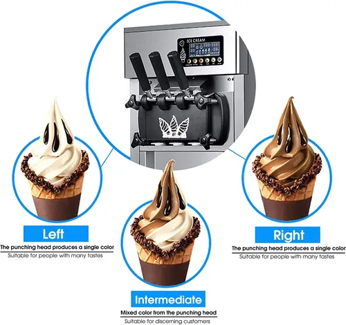 Vista 2 de Máquina de helado comercial de 3 sabores de 18L/H, máquina de helado granizado de 1200 W profesional con pantalla LED, limpieza automática