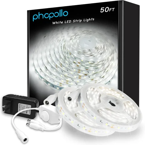 Vista 7 de PHOPOLLO Tira de luces LED blancas de 16.4 pies, tira de luces LED regulable de 6500K de luz blanca diurna, 300 LED, luces LED flexibles