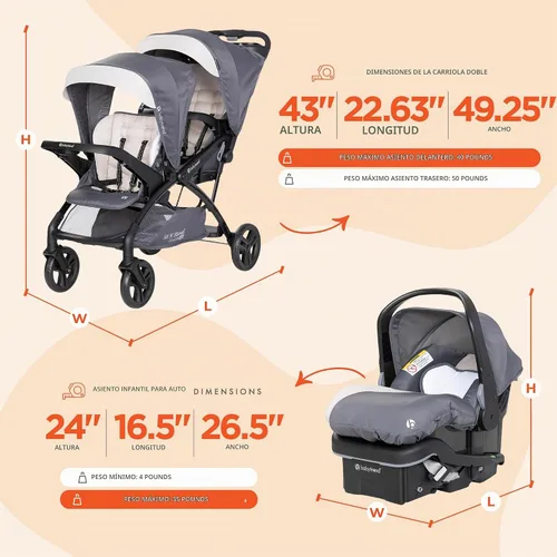 Vista 3 de Baby Trend Sit N' Stand Cochecito doble tándem con 2 asientos de coche para bebé EZ-Lift Plus, Magnolia