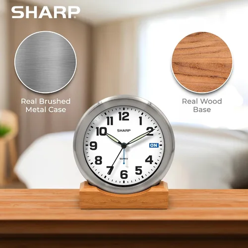 Vista 5 de Sharp Silent Sweep - Reloj despertador analógico sin tictac, escritorio de metal cepillado o reloj de pared con soporte de madera auténtica