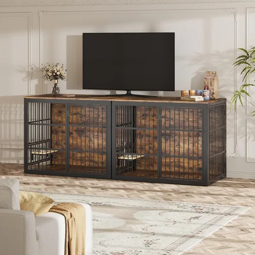 Vista 6 de Lyromix Mueble de jaula para perros XXL de 48 pulgadas con alimentador giratorio, mesa auxiliar de madera grande, jaula de interior resistente