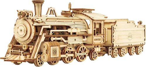 Vista 2 de Hands Craft Rompecabezas de madera 3D de bricolaje - Prime Steam Express Train Asamblea de corte láser a escala 1:80, kit de construcción de modelos