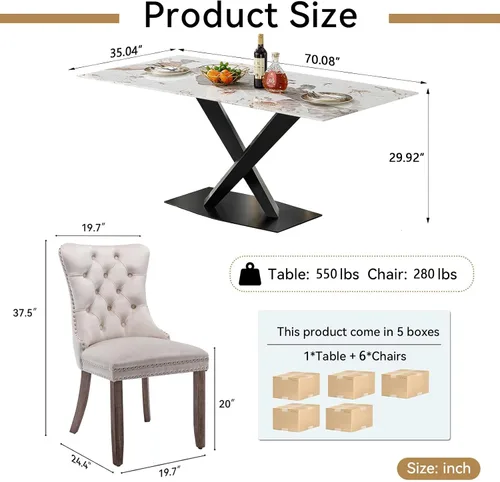 Vista 9 de Juego de mesa de comedor de mármol blanco de lujo para 6, 70 pulgadas, mesa de comedor de mármol blanco con 6 sillas de terciopelo beige y base