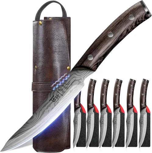 Vista 8 de SYOKAMI Juego de 2 cuchillos para carne, 4.8 pulgadas, estilo japonés de alta gama, filo fino con mango de madera, diseño de espiga completa
