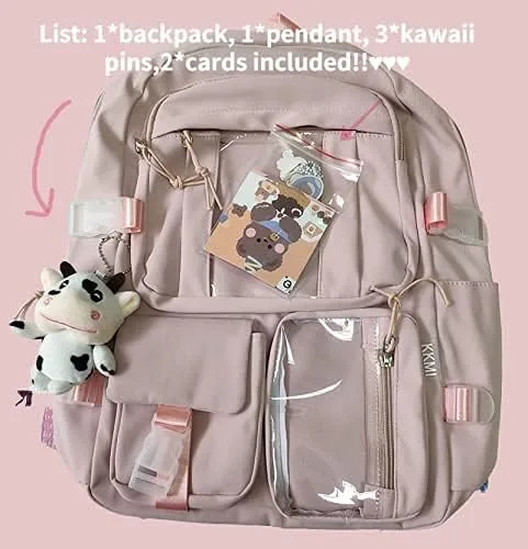 Vista 6 de Mochila Kawaii con alfileres Kawaii mochila escolar linda mochila estética linda mochila Kawaii para la escuela, Beige, With Accessories
