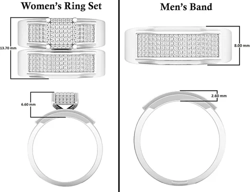 Vista 4 de Dazzlingrock Collection 0.65 quilates (ctw) - Conjunto de boda de novia de tres diamantes blancos redondos para hombres y mujeres, color plata