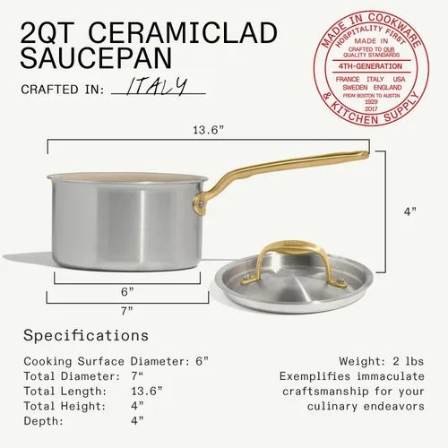 Vista 3 de Made In Cookware - 2 QT CeramiClad Non Stick Saucepan with Lid (Antique Brass Handle) - 5-Ply Stainless Clad with Stay-Cool Handle - Professional