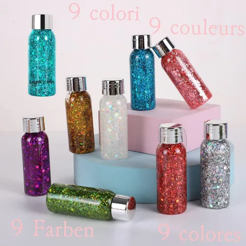 Vista 6 de Paquete de 9 unidades de gel de purpurina corporal, lentejuelas de sirena, purpurina gruesa, para el cabello, uñas, labios, loción brillante