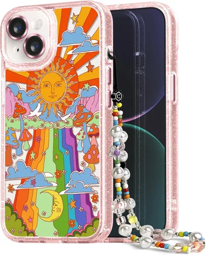 Vista 139 de Compatible para iPhone 13 Funda Bonita Estética - Funda para Teléfono Rosa con Purpurina con Protector de Cámara - Diseño de Cubierta