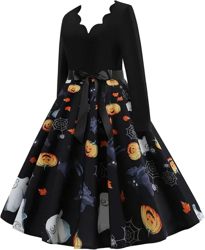 Vista 2 de Basysin Vestido de Halloween para mujer, estilo vintage de los años 50, estampado de calabaza, manga larga, cuello en V, talla grande, vestidos