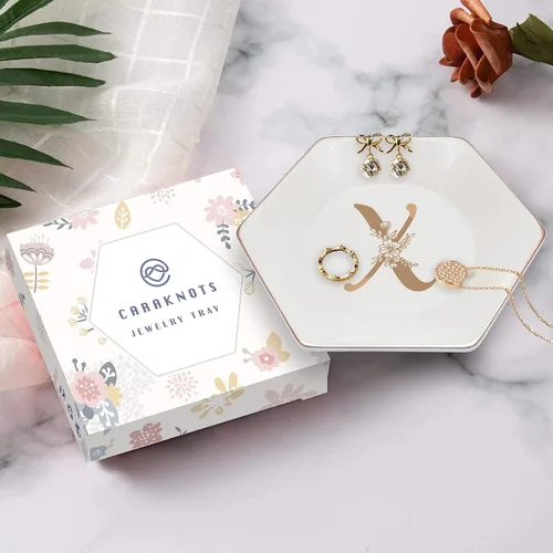 Vista 4 de CARAKNOTS Bandeja de joyería, regalos de Navidad, plato con anillo en X con monograma floral dorado, regalos personalizados para mujeres, plato