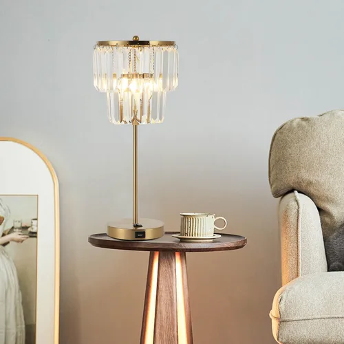 Vista 4 de Lámpara de noche para dormitorio, lámpara de mesa de cristal dorado de 18 pulgadas, gotas de cristal transparente Tiffany, puerto de carga USB