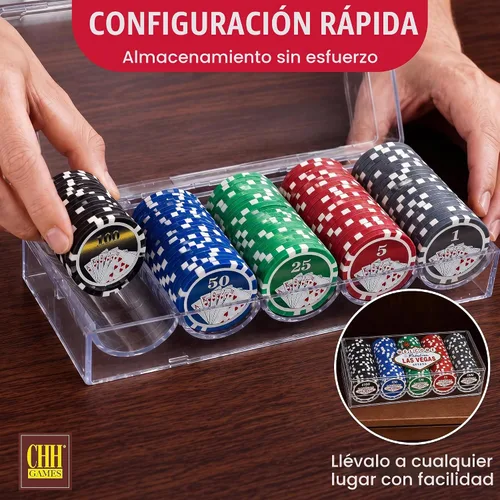 Vista 4 de CHH - Juego de fichas de póquer de Las Vegas de 100 piezas en bandeja de almacenamiento de plástico transparente con tapa, organizador apilable