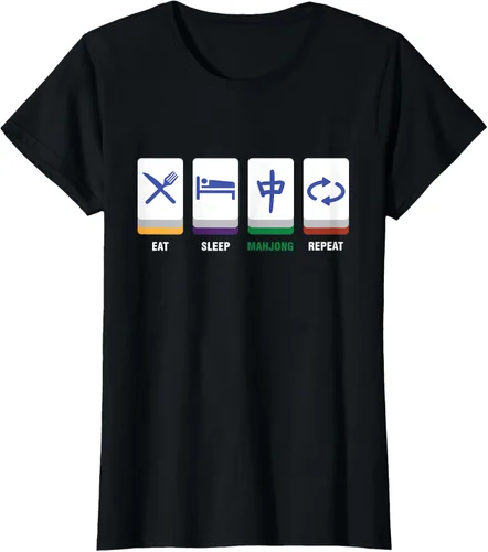 Vista 26 de Camiseta Mahjong Lover Eat Sleep Mahjong Tiles, Negro, S