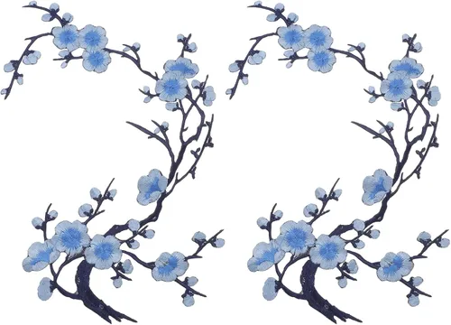 Vista 23 de MECCANIXITY 2 piezas de parches termoadhesivos de flor de ciruelo, apliques de bordado de flores para coser, apliques de decoración para agujeros