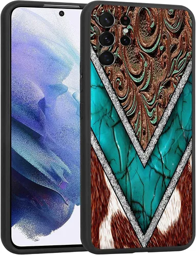 Vista 6 de Funda compatible con Samsung Galaxy S22, funda protectora de TPU suave a prueba de golpes de piel de vaca occidental turquesa y marrón con estampado