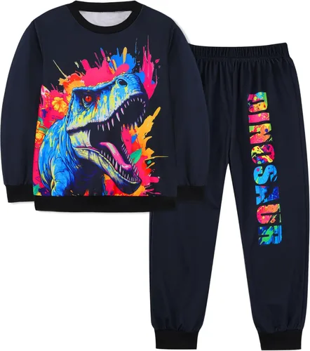 Vista 8 de Ochine Ropa para niños pequeños, sudadera de manga larga con estampado de dinosaurio T-Rex, sudadera y pantalones, 2 piezas, trajes de otoño e